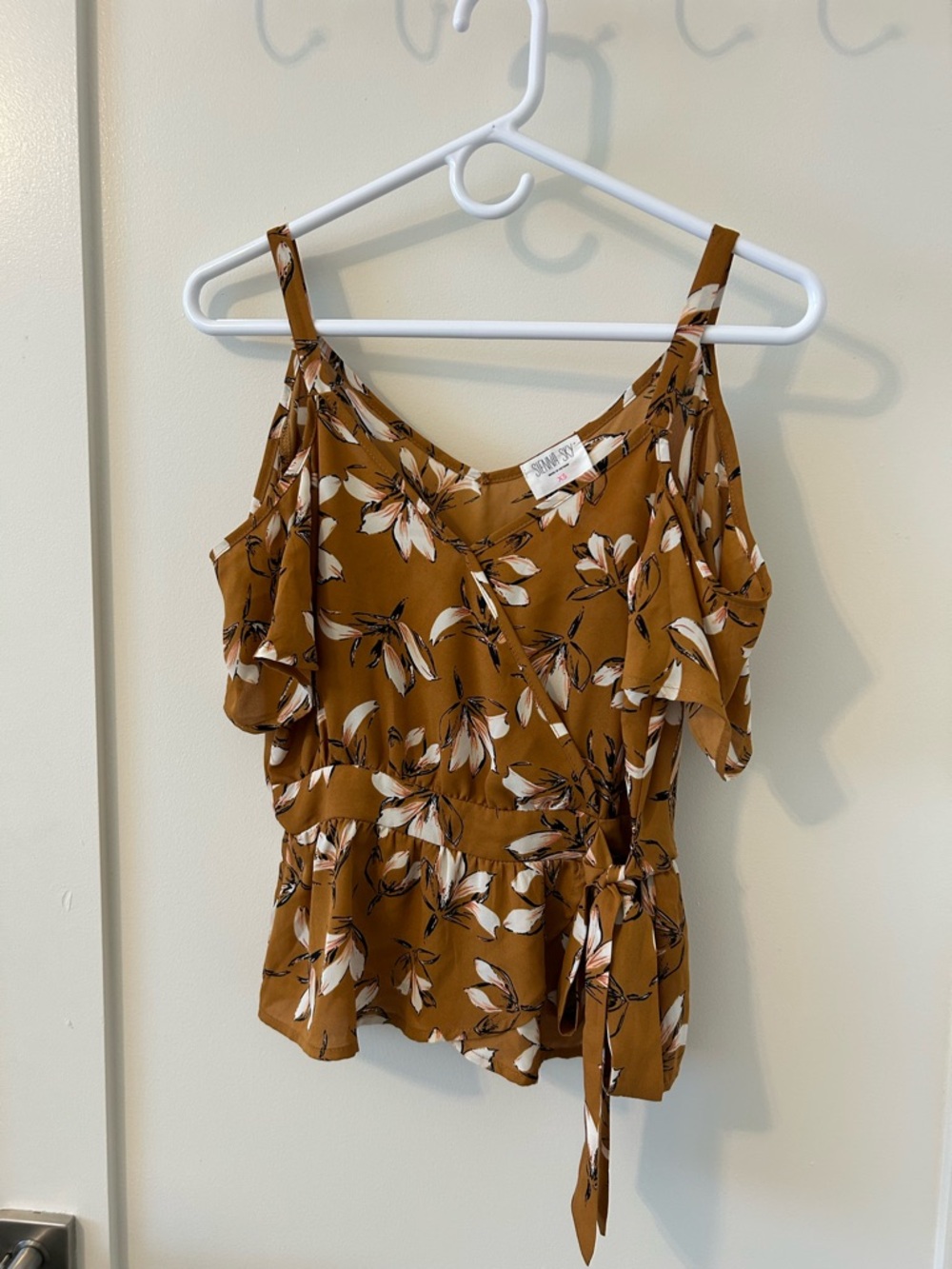 Sienna Sky Brown Floral Cold-Shoulder Wrap Camisole